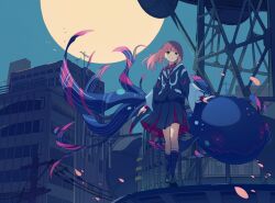 Rule 34 | 1girl, black skirt, blue eyes, blue footwear, blue jacket, blue sky, blue socks, building, buttons, closed mouth, eyebrows hidden by hair, floating hair, full body, hand on animal, highres, jacket, kaf (kamitsubaki studio), kamitsubaki studio, kneehighs, long hair, long sleeves, looking at viewer, moon, moonlight, night, night sky, on roof, open hands, outdoors, pink hair, pink ribbon, pink skirt, ribbon, shoes, skirt, sky, sleeves past wrists, socks, solo, standing, tirudo29, two-sided fabric, two-tone skirt, utility pole, virtual youtuber, wall, whale, wind, window, wing collar, yellow pupils