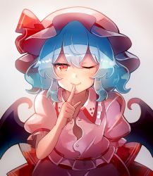 Rule 34 | 1girl, 60mai, ;), bat wings, blue hair, blush, commentary request, dress, fang, fang out, finger to mouth, frilled shirt collar, frills, grey background, hair between eyes, hand up, hat, hat ribbon, index finger raised, looking at viewer, mob cap, one eye closed, partially unbuttoned, pink dress, pink hat, puffy short sleeves, puffy sleeves, red eyes, red ribbon, remilia scarlet, ribbon, short hair, short sleeves, sidelocks, simple background, smile, solo, touhou, upper body, wings