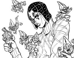 Rule 34 | 1boy, araki hirohiko (style), bad id, bb (baalbuddy), closed mouth, greyscale, guido mista, gun, handgun, hat, highres, holding, holding gun, holding weapon, inactive account, jojo no kimyou na bouken, looking at viewer, male focus, monochrome, revolver, sex pistols (stand), simple background, solo, sweater, vento aureo, weapon, white background