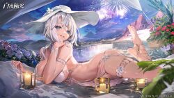 Rule 34 | 1girl, ai-assisted, alchemy stars, artistic error, azure (alchemy stars), bare shoulders, barefoot, bikini, blanket, blue eyes, blurry, blurry foreground, breasts, candle, cloud, company name, copyright name, fireworks, flower, grey hair, hat, highres, lake, large breasts, long hair, looking at viewer, lying, messikid, mountainous horizon, navel, official art, on side, open mouth, outdoors, pillow, smile, solo, sun hat, swimsuit, thigh strap, water, white bikini, white hat, wristband, wrong foot