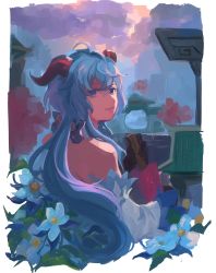 Rule 34 | 1girl, arch, bare shoulders, black gloves, blue eyes, blue flower, blue hair, border, closed mouth, closed umbrella, cloud, cloudy sky, commentary, detached collar, detached sleeves, flower, from behind, ganyu (genshin impact), genshin impact, gloves, goat horns, highres, holding, holding umbrella, horns, lezzcargot, long hair, looking back, sky, smile, solo, sunset, symbol-only commentary, umbrella, white border