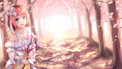 1girl :d black_hair blush branch breasts cherry_blossoms cleavage collarbone colored_bangs commentary dress dutch_angle english_commentary flower green_eyes highres holding holding_branch long_sleeves looking_at_viewer medium_breasts multicolored_hair off-shoulder_dress off_shoulder open_mouth osu! outdoors pink_flower pink_hair pippi_(osu!) short_hair smile solo tofumang tree two-tone_hair white_dress