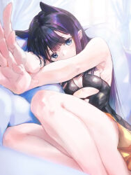 Rule 34 | 1girl, armpit crease, bare shoulders, black dress, blue eyes, breasts, dress, highres, hololive, hololive english, long hair, looking at viewer, lying, ninomae ina&#039;nis, ninomae ina&#039;nis (1st costume), on side, pillow, purple hair, small breasts, solo, tallgeese (lgeesel), virtual youtuber