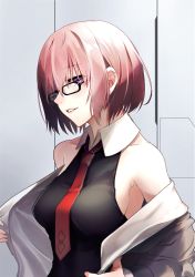 Rule 34 | 1girl, bare shoulders, black-framed eyewear, black shirt, breasts, collarbone, collared shirt, commentary request, fate/grand order, fate (series), fingernails, glasses, grey jacket, hair over one eye, holding, jacket, koruta (nekoimo), long sleeves, looking at viewer, looking to the side, mash kyrielight, medium breasts, necktie, off shoulder, parted lips, pink hair, purple eyes, red necktie, shirt, short hair, sleeveless, sleeveless shirt, smile, solo