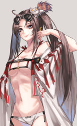 Rule 34 | 1girl, bare shoulders, bikini, breasts, brown hair, cleavage, closed mouth, collarbone, earrings, eyewear on head, fate/grand order, fate (series), grey eyes, hair ornament, highres, jewelry, long hair, looking at viewer, medium breasts, multiple earrings, navel, open clothes, re (re 09), robe, smile, sunglasses, swimsuit, twintails, very long hair, white bikini, yu mei-ren (fate), yu mei-ren (swimsuit lancer) (fate)
