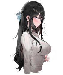 Rule 34 | 1girl, black hair, blush, breasts, closed mouth, from side, hair ribbon, jpeg artifacts, large breasts, long hair, mask, mole, mole under eye, mouth mask, original, ribbon, solo, sweater, turtleneck, turtleneck sweater, white background, xretakex