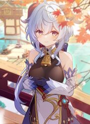 Rule 34 | 1girl, ahoge, architecture, autumn leaves, bare shoulders, bell, blue gloves, blue hair, blush, bow, breasts, chinese knot, detached sleeves, east asian architecture, flower knot, ganyu (genshin impact), genshin impact, gloves, gold trim, halterneck, highres, horns, light smile, long hair, looking at viewer, low ponytail, medium breasts, neck bell, nore th, outdoors, own hands together, purple eyes, sidelocks, solo, tassel, thighlet, vision (genshin impact), white sleeves
