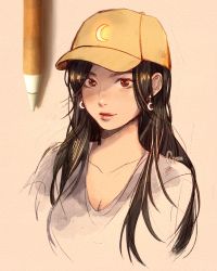 Rule 34 | 1girl, art tools in frame, artist name, bad id, bad twitter id, baseball cap, breasts, brown eyes, brown hair, brown hat, cleavage, clivenzu, closed mouth, commentary, earrings, english commentary, graphite (medium), grey shirt, hat, highres, jewelry, long hair, looking at viewer, mechanical pencil, mixed media, original, pencil, photo (medium), red lips, shirt, smile, solo, traditional media, twitter username, upper body