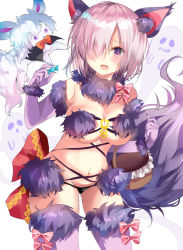 Rule 34 | 1girl, animal ears, bad id, bad pixiv id, blush, breasts, cleavage, fate/grand order, fate (series), fou (fate), hair over one eye, large breasts, looking at another, mash kyrielight, mash kyrielight (dangerous beast), official alternate costume, ponika, purple eyes, purple hair, short hair, smile, tail