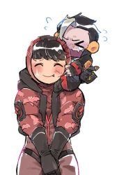 Rule 34 | &gt; &lt;, 1boy, 1girl, animification, apex legends, black bodysuit, black gloves, black hair, black jacket, blush, bodysuit, chibi, closed eyes, crypto (apex legends), deadly byte crypto, fang, fang out, fingerless gloves, gloves, grey hair, hood, hooded jacket, husagin, jacket, multicolored hair, official alternate costume, red jacket, sitting on shoulder, smile, streaked hair, sweatdrop, vampire, wattson (apex legends), winged menace wattson