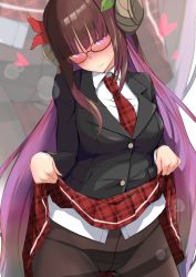 Rule 34 | 1girl, azur lane, black jacket, black panties, blush, breasts, brown hair, clothes lift, curled horns, glasses, highres, horns, jacket, large breasts, lifted by self, long hair, looking at viewer, miniskirt, necktie, official alternate costume, p.i.t.d, panties, plaid, plaid necktie, plaid neckwear, plaid skirt, purple eyes, school uniform, shirt, skirt, skirt lift, solo, suruga (azur lane), suruga (straightfaced model student) (azur lane), underwear, uniform, very long hair, white shirt
