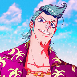 Rule 34 | 1boy, artist name, black eyes, blue hair, blue sky, chain, chain necklace, cloud, cloudy sky, eyewear on head, franky (one piece), grin, hawaiian shirt, highres, jewelry, looking at viewer, male focus, mygiorni, necklace, one piece, open clothes, outdoors, shirt, short hair, sideburns, sky, smile, solo, sunglasses, teeth