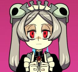 Rule 34 | 1girl, animated, animated gif, apron, black nails, bloody marie (skullgirls), blush, brooch, closed eyes, fire, forced smile, frilled apron, frills, grey hair, hair ornament, half-closed eyes, index finger raised, jewelry, kuroirozuki, lowres, maid headdress, nail polish, pink background, portrait, red eyes, skull hair ornament, skullgirls, smile, solo, twintails