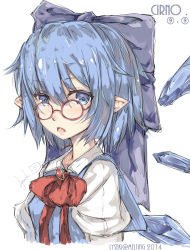 Rule 34 | 1girl, bespectacled, blue eyes, blue hair, blue ribbon, brooch, character name, circled 9, cirno, collared shirt, fang, glasses, hair ribbon, ice, ice wings, jewelry, looking at viewer, lyu, matching hair/eyes, pointy ears, red ribbon, ribbon, shirt, short hair, signature, simple background, solo, touhou, white background, wings