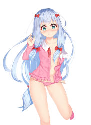 Rule 34 | 10s, 1girl, bad id, bad pixiv id, barefoot, blue eyes, blush, bow, breasts, eromanga sensei, gluteal fold, hair bow, highres, izumi sagiri, long hair, looking at viewer, open clothes, pajamas, panties, panty pull, pink bow, pink panties, ratio (ratio-d), silver hair, simple background, small breasts, solo, standing, standing on one leg, thighs, underwear, very long hair, wavy mouth, white background