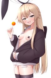 Rule 34 | 1girl, absurdres, alternate costume, areola slip, black jacket, blonde hair, blush, breasts, candy, chupa chups, cowboy shot, fingernails, food, hair between eyes, highres, holding, holding candy, holding food, hood, hood down, hooded jacket, jacket, kantai collection, lollipop, long hair, long sleeves, open mouth, partially unbuttoned, pasties, shimakaze (kancolle), short shorts, shorts, simple background, small breasts, smile, solo, striped clothes, striped thighhighs, thighhighs, tiemu (man190), unzipping, white background, white shorts, yellow eyes