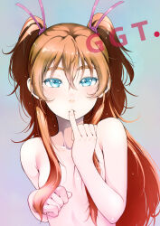 Rule 34 | 1girl, blue eyes, breasts, brown hair, collarbone, finger to mouth, flat chest, hair between eyes, hair censor, hair over breasts, highres, houjou hibiki, long hair, nude, precure, sakura kotetsu, small breasts, solo, suite precure, two side up, upper body, very long hair