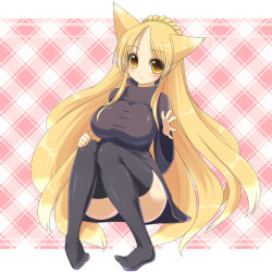 Rule 34 | 1girl, animal ears, black thighhighs, blonde hair, blush, borrowed character, breasts, fox ears, hair ornament, huge breasts, long hair, nine-tails-san, original, shirt, shuz (dodidu), simple background, sitting, smile, solo, taut clothes, taut shirt, thighhighs, turtleneck, very long hair, yellow eyes