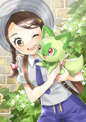 Rule 34 | 1girl, ;d, backpack, bag, braid, brick wall, brown bag, brown eyes, brown hair, commentary request, creatures (company), eyelashes, game freak, grey headwear, grey shirt, hat, holding, holding pokemon, juliana (pokemon), leaf, morisawa machi, necktie, nintendo, one eye closed, open mouth, pokemon, pokemon (creature), pokemon sv, purple necktie, purple shorts, shirt, short sleeves, shorts, smile, sprigatito, teeth, tongue, upper teeth only
