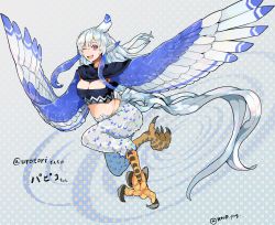 Rule 34 | bird legs, bird tail, blue wings, borrowed character, breasts, capelet, commentary, feather hair, feathered wings, feathers, harpy, highres, long hair, medium breasts, monster girl, one eye closed, open mouth, original, purple eyes, rnd.jpg (artist), sidelocks, solo, strapless, tail, talons, tube top, twitter username, white hair, winged arms, wings