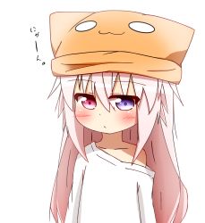 Rule 34 | 1girl, :&lt;, :3, animal ears, animal hat, blue eyes, blush, cat ears, cat hat, closed mouth, collarbone, commentary request, hair between eyes, hat, heterochromia, highres, idaten93, japanese text, long hair, o o, off shoulder, original, oversized clothes, oversized shirt, pink hair, purple eyes, ruua (idaten93), shirt, simple background, solo, translated, very long hair, white background, white shirt