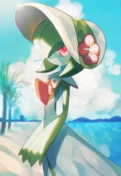 Rule 34 | blurry, bonnet, capelet, cloud, commentary request, creatures (company), day, flower, game freak, gardevoir, gardevoir (fashionable), gen 3 pokemon, highres, looking at viewer, nintendo, outdoors, own hands together, pink eyes, pokemon, pokemon (creature), pokemon unite, sand, shore, sky, solo, water, white headwear, yukifuri tsuyu