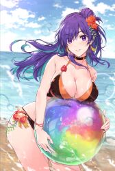 Rule 34 | 1girl, alternate costume, beach, bikini, black bikini, blush, breasts, choker, cleavage, commentary request, fire emblem, fire emblem: three houses, fire emblem heroes, fire emblem warriors: three hopes, hair bun, hair over one eye, large breasts, long hair, looking at viewer, nintendo, ocean, outdoors, purple eyes, purple hair, shez (female) (fire emblem), shez (fire emblem), simple background, single hair bun, smile, solo, swimsuit, water, yuuri (orz commushows)