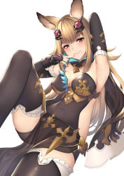 Rule 34 | 1girl, absurdres, animal ears, arm behind head, arm up, black leotard, black thighhighs, blonde hair, blush, breasts, cleavage, closed mouth, covered navel, detached collar, detached sleeves, erune, finger to mouth, granblue fantasy, hair ornament, highres, knee up, large breasts, leotard, long hair, long sleeves, looking at viewer, lying, metera (granblue fantasy), mole, mole under mouth, nail polish, on back, pink nails, purple eyes, see-through, smile, solo, strapless, strapless leotard, thighhighs, very long hair, ym (distance819)