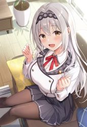 Rule 34 | 1girl, azuki yui, black pantyhose, excited, grey hair, hairband, hands up, highres, knees together feet apart, neck ribbon, open mouth, original, pantyhose, plant, ribbon, school uniform, sitting, skirt, solo, yellow eyes