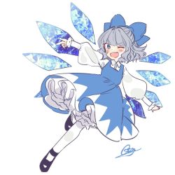 Rule 34 | 1girl, ;d, black footwear, blue bow, blue dress, bow, cirno, dress, grey hair, hair bow, ice, ice wings, looking at viewer, one eye closed, open mouth, pinafore dress, short hair, signature, simple background, sleeveless, sleeveless dress, smile, solo, souta (karasu no ouchi), split mouth, teeth, touhou, upper teeth only, white background, white legwear, wings