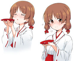 Rule 34 | 1girl, alternate hairstyle, blush, closed eyes, closed mouth, cup, drinking, girls und panzer, hair ribbon, hakama, hakama skirt, holding, holding plate, japanese clothes, kimono, long sleeves, looking at viewer, monolith (suibou souko), multiple views, nishizumi miho, plate, red hakama, red ribbon, ribbon, ribbon-trimmed sleeves, ribbon trim, sakazuki, short hair, simple background, skirt, smile, twintails, upper body, white background, white kimono, wide sleeves