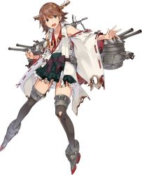 Rule 34 | 1girl, blue eyes, boots, brown hair, detached sleeves, flipped hair, green skirt, hairband, headgear, hiei (kancolle), hiei kai ni (kancolle), japanese clothes, kantai collection, konishi (koconatu), machinery, nontraditional miko, official art, plaid, ribbon-trimmed sleeves, ribbon trim, short hair, skirt, solo, thigh boots, thighhighs, torn clothes, transparent background, turret