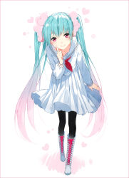 Rule 34 | 1girl, aqua hair, black pantyhose, boots, cross-laced footwear, dress, full body, gradient hair, hakusai (tiahszld), hatsune miku, heart, knee boots, lace-up boots, long hair, multicolored hair, pantyhose, pink eyes, pink hair, skinny, solo, standing, twintails, very long hair, vocaloid, white dress