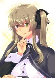 Rule 34 | 1girl, assault lily, black capelet, black ribbon, breasts, button gap, buttons, capelet, closed mouth, collared shirt, detached sleeves, finger to own chin, fingernails, gradient background, hair between eyes, hair ribbon, hand on own arm, hand up, heterochromia, highres, kuo shenlin, light brown hair, light particles, light smile, long hair, long sleeves, looking at viewer, medium breasts, nail polish, neck ribbon, one side up, orange nails, patterned background, red eyes, ribbon, school uniform, shirt, sidelocks, solo, su (sconbuoishi), upper body, white background, white shirt, yellow background, yellow eyes, yurigaoka girls academy school uniform