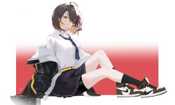 Rule 34 | 1girl, absurdres, ahoge, arm support, azur lane, baltimore (azur lane), belt, bike shorts, bike shorts under skirt, black choker, black coat, black skirt, black socks, blue necktie, braid, breasts, brown footwear, brown hair, choker, closed mouth, coat, collared shirt, commentary, earrings, french braid, full body, hair between eyes, highres, jewelry, kneehighs, large breasts, looking at viewer, loose necktie, mark jin, necktie, nike (company), off shoulder, open clothes, open coat, pleated skirt, red background, reflection, shirt, shoes, short hair, sidelocks, signature, sitting, skirt, sleeves past wrists, smile, sneakers, socks, solo, white background, white shirt, yellow belt, yellow eyes