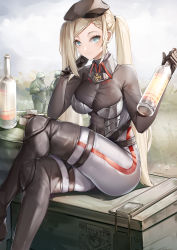 Rule 34 | 1girl, a-545 (girls&#039; frontline), absurdres, alcohol, aqua eyes, beret, black footwear, black gloves, blonde hair, bodystocking, bodysuit, boots, bottle, braid, breasts, closed mouth, commentary request, crossed legs, feet out of frame, french braid, girls&#039; frontline, gloves, griffin &amp; kryuger, grifon &amp; kryuger, hair ornament, hairclip, hand on own chin, hat, highres, holding, holding bottle, knee boots, long hair, looking at viewer, lubikaya, medium breasts, multicolored bodysuit, multicolored clothes, rubber boots, scenery, sitting, solo, stolichnaya (vodka), thighs, twintails, vodka