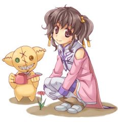 Rule 34 | 00s, 1girl, anise tatlin, brown eyes, brown hair, doll, flower, gloves, lowres, ribbon, smile, solo, squatting, tales of (series), tales of the abyss, tokunaga (tales), twintails