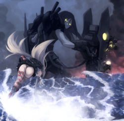 Rule 34 | 10s, 3girls, abyssal ship, ass, battle, black panties, blonde hair, boots, brown hair, elbow gloves, epic, giant, giantess, gloves, glowing, glowing eyes, highres, hinomoto madoka, kantai collection, lifebuoy, long hair, miniskirt, multiple girls, mutsu (kancolle), panties, personification, rensouhou-chan, ru-class battleship, shimakaze (kancolle), short hair, skirt, striped clothes, striped legwear, striped thighhighs, swim ring, thighhighs, thong, torn clothes, underwear, water, white gloves
