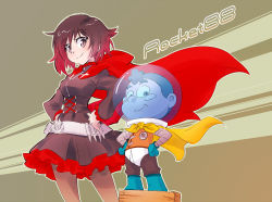 Rule 34 | 1boy, 1girl, brown hair, bullet, camp camp, child, company connection, gradient hair, grey eyes, helmet, highres, iesupa, multicolored hair, pantyhose, red hair, roosterteeth, ruby rose, rwby, space helmet, space kid (camp camp), standing on object, voice actor connection