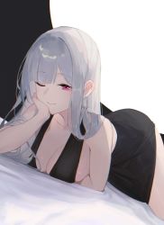 Rule 34 | 1girl, ;), ak-12 (girls&#039; frontline), bed sheet, black dress, blunt bangs, breasts, cleavage, closed mouth, commentary, darah, dress, evening gown, girls&#039; frontline, hand on own cheek, hand on own face, highres, large breasts, long hair, looking at viewer, lying, on bed, on side, one eye closed, pink eyes, silver hair, sleeveless, sleeveless dress, smile, solo, two-tone background