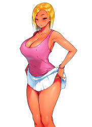 Rule 34 | 1girl, :p, asymmetrical bangs, bare arms, bare shoulders, bead bracelet, beads, blonde hair, blue eyes, blush, bracelet, breasts, cleavage, closed mouth, clothes lift, collarbone, covered erect nipples, dark-skinned female, dark skin, feet out of frame, gyaru, half-closed eyes, jewelry, large breasts, lifting own clothes, looking at viewer, medium hair, miniskirt, original, panties, pink tank top, pleated skirt, shiny skin, simple background, skirt, skirt lift, smile, solo, standing, string panties, sweatdrop, tank top, tongue, tongue out, underwear, white background, white skirt, yellow panties, youshu ohepe