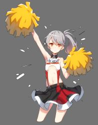 Rule 34 | 1girl, alternate costume, arm up, armpits, ascot, bare shoulders, cheerleader, chestnut mouth, closers, clothing cutout, cropped legs, flat chest, grey background, grey hair, highres, looking at viewer, navel, navel cutout, orange eyes, pom pom (cheerleading), side ponytail, simple background, skirt, sleeveless, solo, sparkle, supernew, suspender skirt, suspenders, tina (closers)
