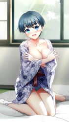 Rule 34 | 1girl, bare legs, barefoot, blue eyes, blue panties, blush, bob cut, breasts, cleavage, collarbone, covering privates, covering breasts, doukyuusei 2, doukyuusei another world, futon, game cg, grey hair, indoors, japanese clothes, kimono, large breasts, looking at viewer, open clothes, open kimono, open mouth, panties, print kimono, shinohara izumi, short hair, sitting, solo, underwear, wariza, wavy mouth, white kimono