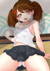 Rule 34 | 1girl, absurdres, alternate costume, black skirt, brown eyes, brown hair, camisole, collarbone, flat chest, hair ornament, highres, hot, indoors, kantai collection, magatama, makura (y makura), midriff peek, miniskirt, navel, open mouth, pleated skirt, polka dot, polka dot skirt, ryuujou (kancolle), sitting, skirt, sliding doors, solo, sweat, sweater vest, tatami, tongue, tongue out, twintails, white camisole