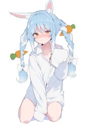 Rule 34 | 1girl, animal ear fluff, animal ears, blue hair, blush, bow, braid, carrot hair ornament, closed mouth, food-themed hair ornament, full-face blush, full body, goten (510gensoku), hair ornament, hand up, highres, hololive, long hair, long sleeves, looking at viewer, multicolored hair, naked shirt, orange eyes, rabbit-shaped pupils, rabbit ears, rabbit girl, seiza, shirt, simple background, sitting, sleeves past fingers, sleeves past wrists, sweatdrop, symbol-shaped pupils, thick eyebrows, twin braids, twintails, two-tone hair, usada pekora, virtual youtuber, white background, white bow, white hair