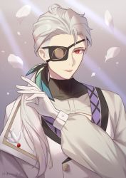 Rule 34 | 1boy, dimitri romanee, eyepatch, gloves, grey hair, highres, kagami (kgmgts), lapel pin, leaf, light rays, long sleeves, looking at viewer, male focus, puffy long sleeves, puffy sleeves, red eyes, shirt, smile, solo, upper body, visual prison, white gloves, white hair, white shirt
