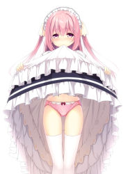 Rule 34 | 1girl, apron, black dress, blush, bow, bow panties, closed mouth, clothes lift, commentary request, dress, dress lift, frilled apron, frills, hair between eyes, lifted by self, long hair, maid, maid headdress, mouth hold, nose blush, original, panties, pink hair, pink panties, plaid, plaid panties, red eyes, simple background, solo, thighhighs, two side up, underwear, usume shirou, white apron, white background, white thighhighs