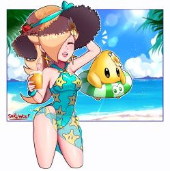 Rule 34 | 1girl, 1other, absurdres, blonde hair, breasts, casual one-piece swimsuit, closed eyes, covered navel, cup, earrings, green one-piece swimsuit, hair over one eye, hat, highres, holding, holding cup, jewelry, long hair, luma (mario), mario (series), mario kart, mario kart tour, marumaru (mario), medium breasts, nintendo, one-piece swimsuit, print sarong, print swimsuit, rosalina, rosalina (swimwear), sarong, sarukaiwolf, star (symbol), star earrings, star print, straw hat, sun hat, swimsuit, teeth, upper teeth only