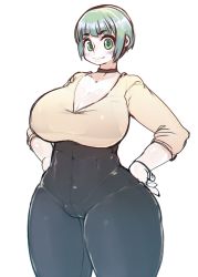 Rule 34 | 1girl, abs, blush, bodysuit, bra, bracelet, breasts, cameltoe, choker, cleavage, green eyes, green hair, highres, jewelry, large breasts, mumingming, thick thighs, thighs, transparent, underwear