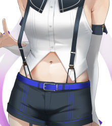 Rule 34 | .live, 1girl, armpit crease, belt, blue belt, breasts, carro pino, detached sleeves, head out of frame, highres, jewelry, navel, ring, short shorts, shorts, small breasts, solo, suspenders pull, tama (tamago), upper body, virtual youtuber